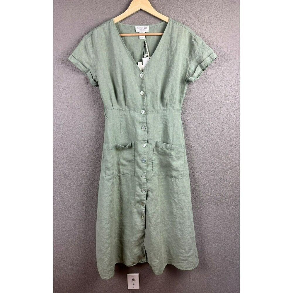 Rachel Zoe Midi Linen Dress Size XS Linen Green Button Front Short Sleeve Retro